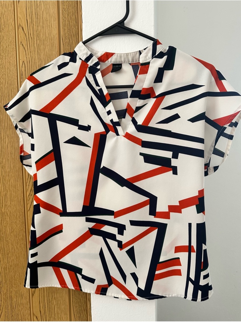 SHEIN Abstract Geometric V-Neck Blouse Blue Orange Green White XS